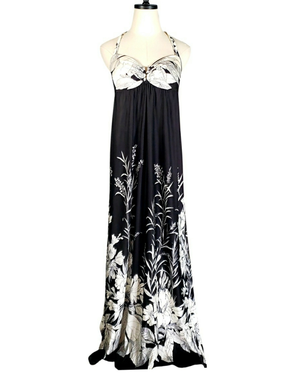Y2K Kristen Davis Black White Floral Halter Maxi Dress Drape Summer Event Bridal